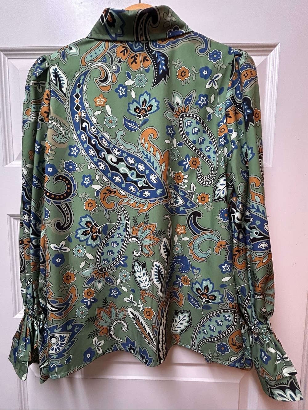 Green Paisley Long-Sleeve Women's Silky Blouse - Picture 2 of 7